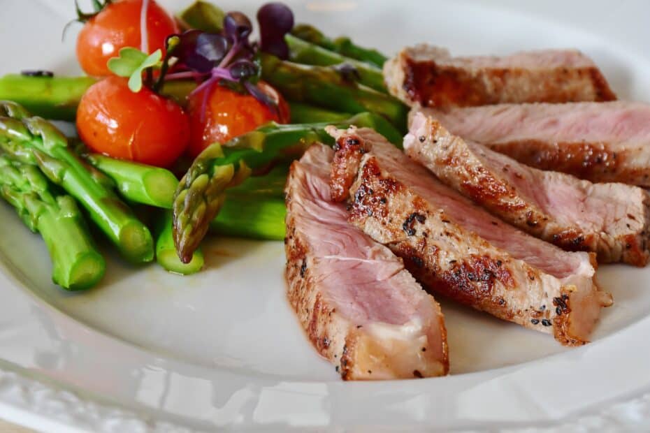 Meat and asparagus on a white plate