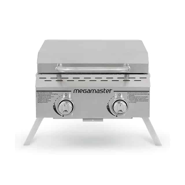 Megamaster 2-Burner Outdoor Tabletop Propane Gas Grill in Stainless Steel stock photo